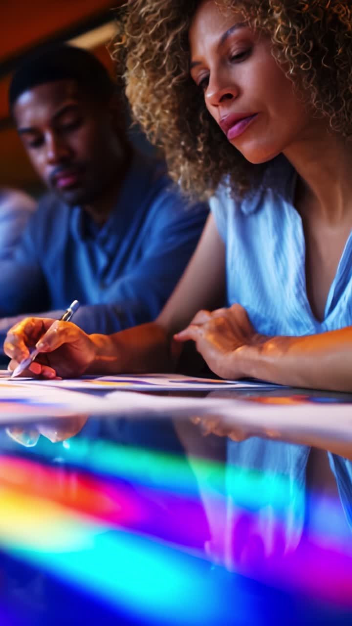 A Focused Creative Moment: Two Individuals Engaged in Artistic Expression and Collaboration with Colorful Reflections on Their Workspace