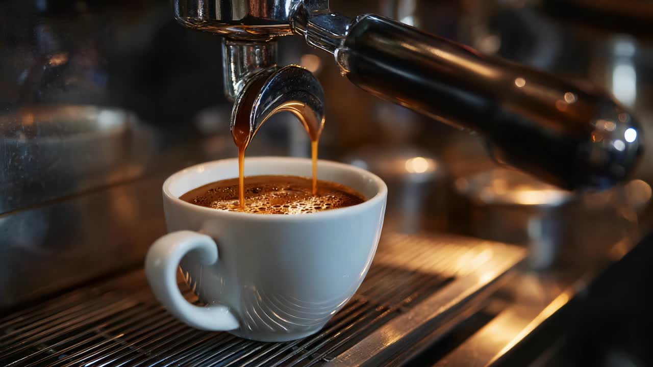 Aromatic Espresso Brewing in a Café: Moments Captured Showing the Rich, Dark Coffee Pouring into a Stylish White Cup, Highlighting the Art of Coffee Making and the Rich Texture of Freshly Brewed Coffee