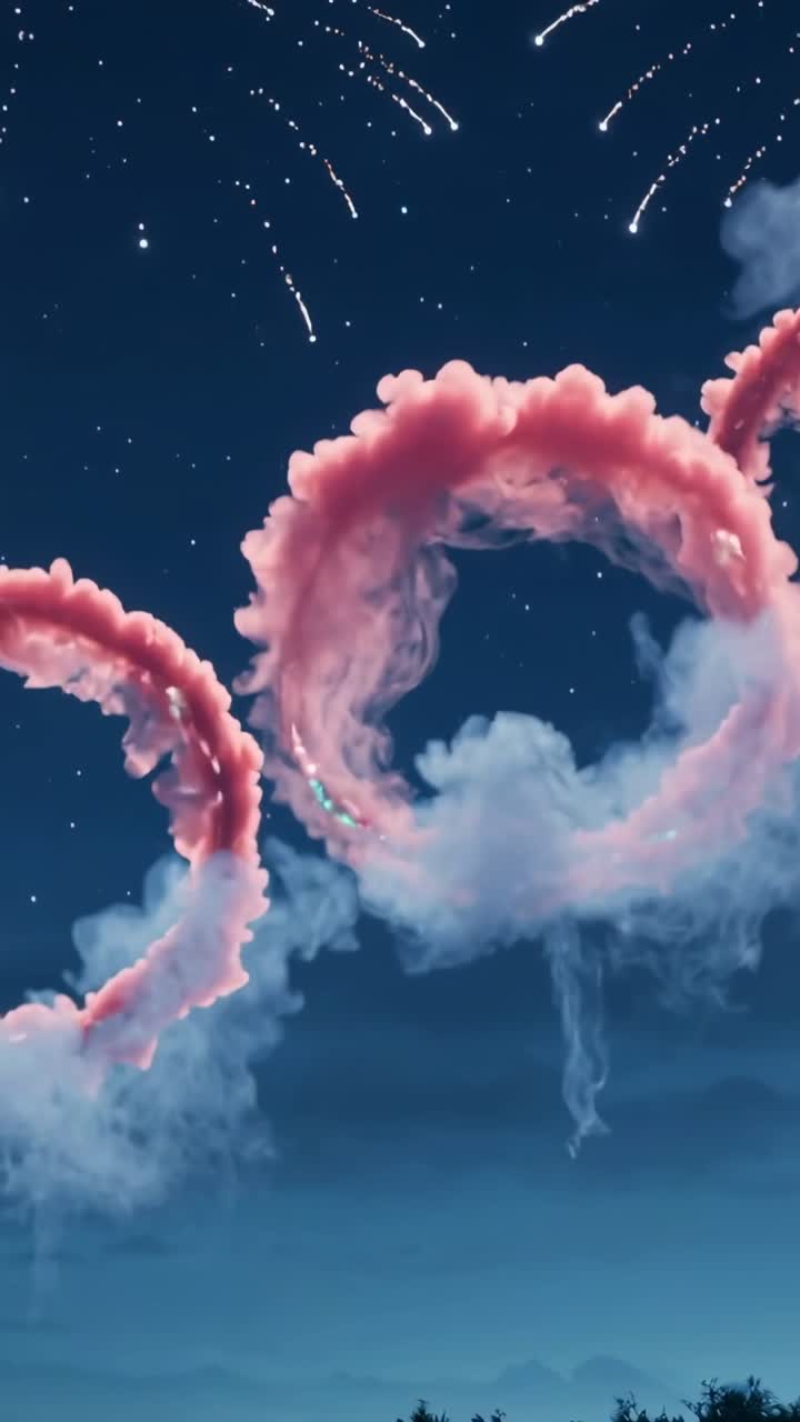 Video verticale: scintille che iniziano come anelli rosa che si spostano e svaniscono di notte con scie di fumo