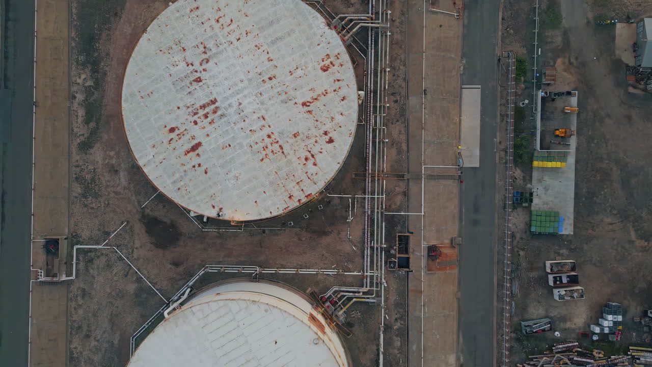 Aerial petrochemical fuel terminal with pipeline. Industrial infrastructure view