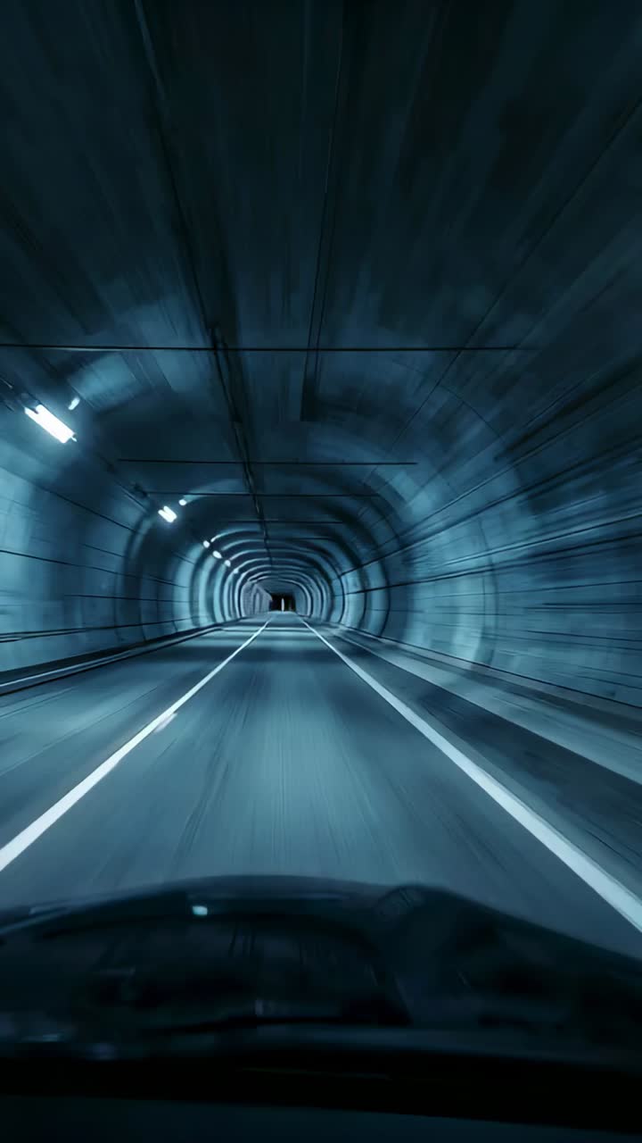 Vertical video: Driving car moving through tunnel to exit, past lights, showing hood and dashboard