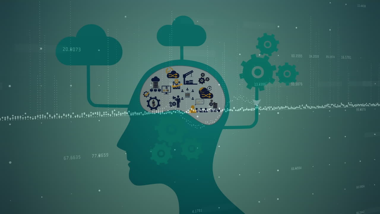 animación de la cabeza con iconos de tecnología sobre datos en fondo verde