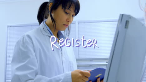 in lab, scientist in coat reviewing clipboard with animation of register text