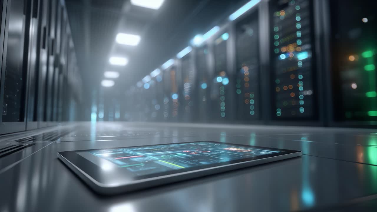 A Glimpse into the Future of Technology: A Sleek Tablet Lies on the Ground Amidst Rows of High-Tech Server Racks in a Modern Data Center