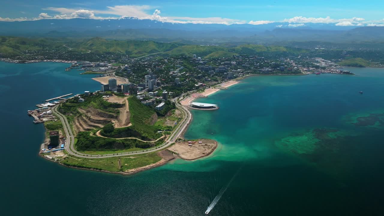 엘라 해변 포인트 보트 포트 모스비 apec 하우스 컨벤션 센터 수도 시 중앙 비즈니스 지구 공중 드론 파푸아 뉴 기니 png 트래픽 idlers 베이 힐튼 메리어트 크라운 플라자 포워드