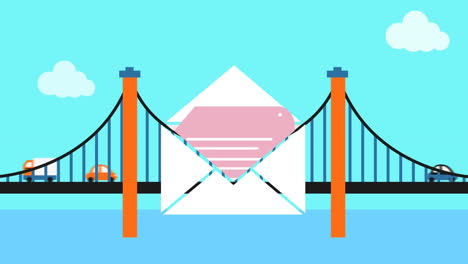 digital animation of message icon over vehicles on the bridge against blue sky