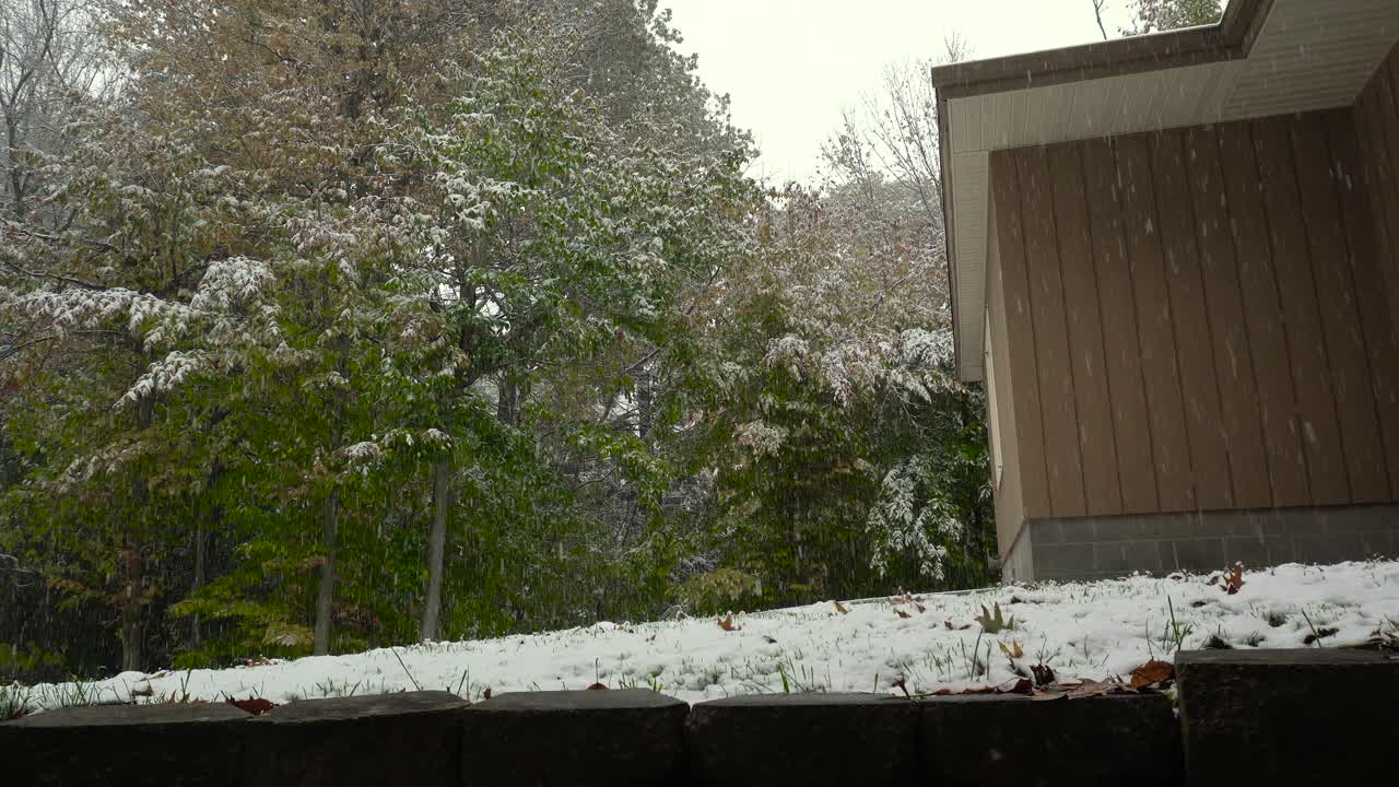 Verdant view of snowfall over cozy wood home.