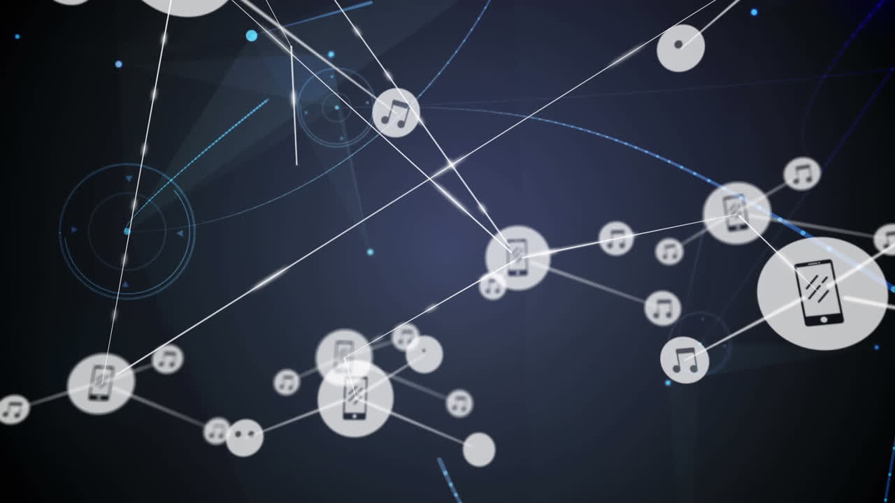 animación de redes de conexiones con iconos sobre fondo negro