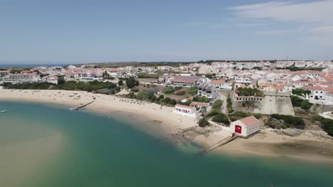 Aerial-view-of-Milfontes-Castle-on-Mira-river-estuary,-Vila-Nova-de-Milfontes