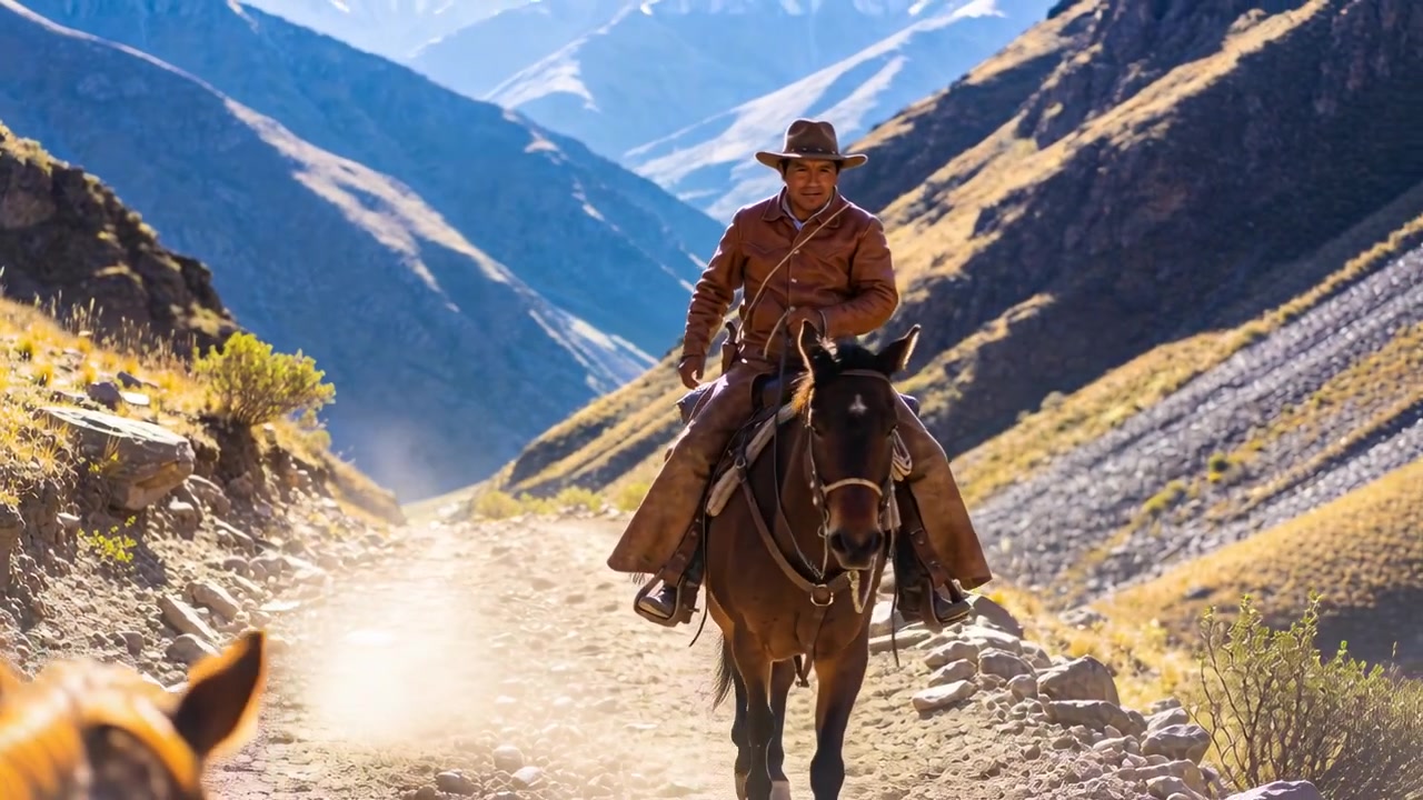 Un compagno esorta un cavaliere a cavallo, con cappello a tesa larga e cappotto marrone, mentre guida il cavallo lungo un passo di montagna, sollevando polvere.