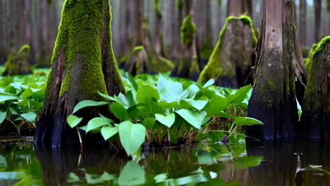 lush green cypress swamp with moss-covered trees reflected in water