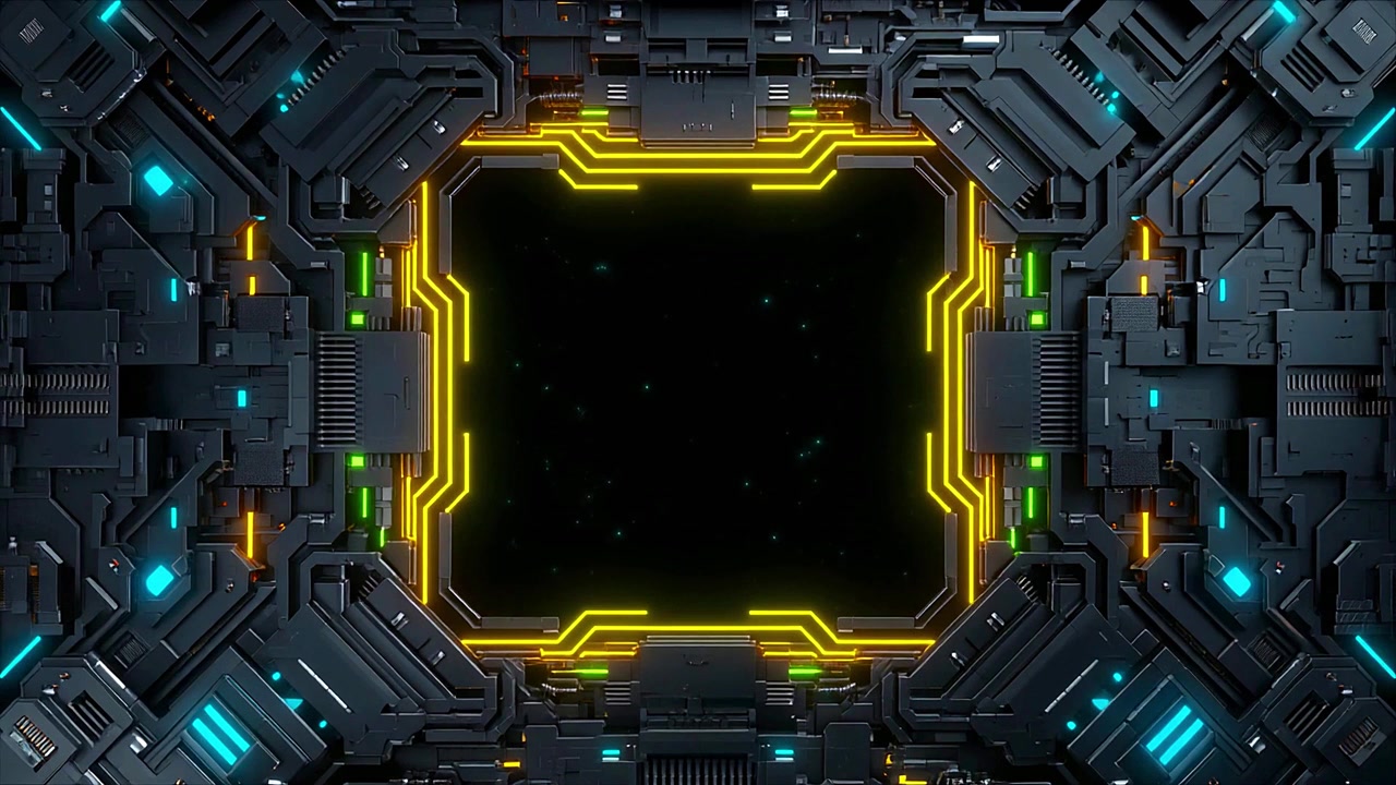 Cornice digitale futuristica con animazione di circuito stampato luminoso