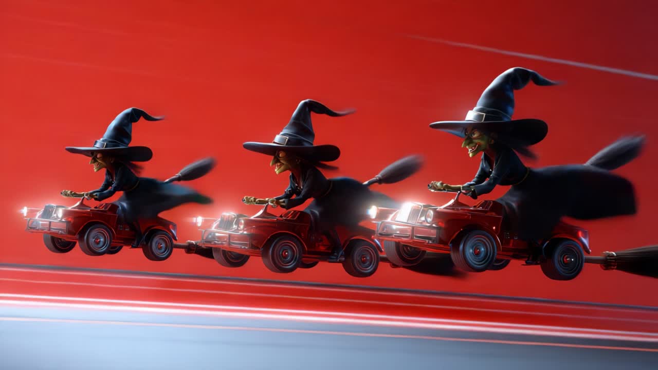 A thrilling race featuring whimsical witches zooming through a vibrant landscape on their miniature red cars, showcasing their playful spirit and magical charm