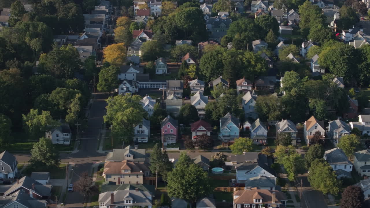 Aerial view of homes in Binghamton, New York. Shot in the west end on a summer evening.