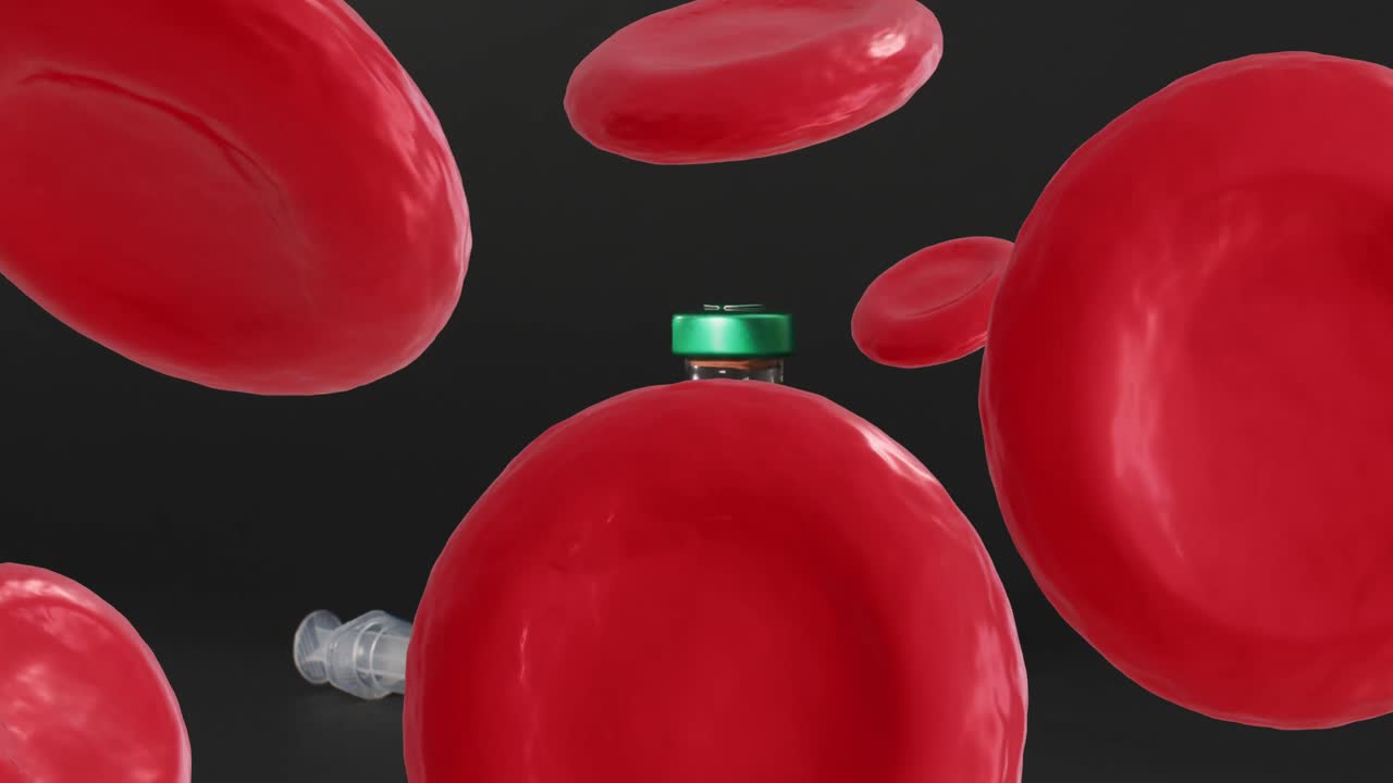 검은색 배경에 주사기를 가진 인체 세포와 의약품의 애니메이션