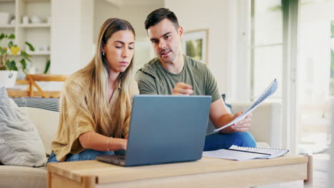 talking, couple and laptop for a home budget