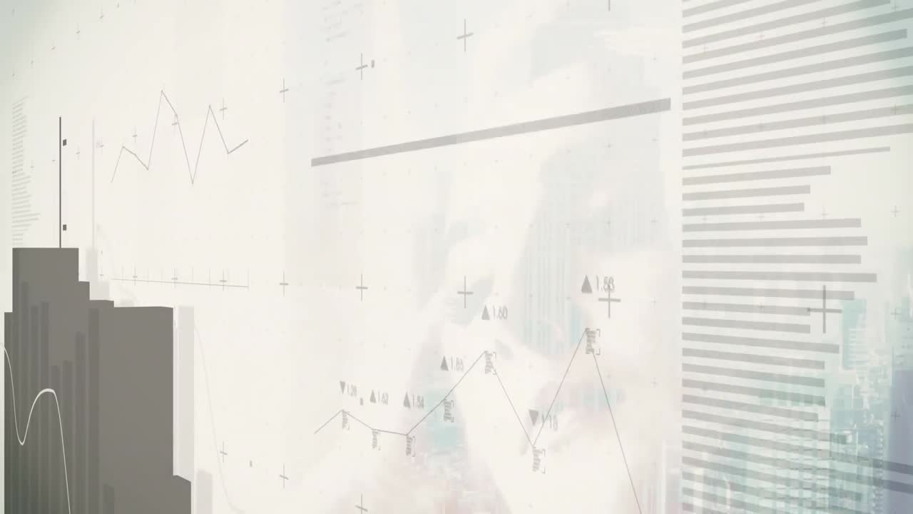 건물의 애니메이션과 숫자를 가진 그래프 카우카시안 여성이 머리카락에 손을 고 달리고 있습니다.