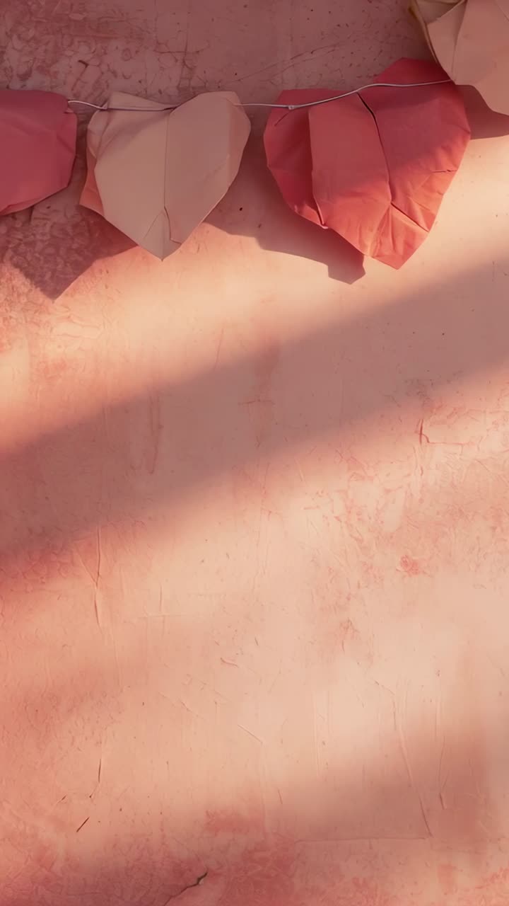 Video verticale: ripresa panoramica con camera verso l'alto che rivela una ghirlanda di foglie su una parete rosa del patio, ombre che si spostano