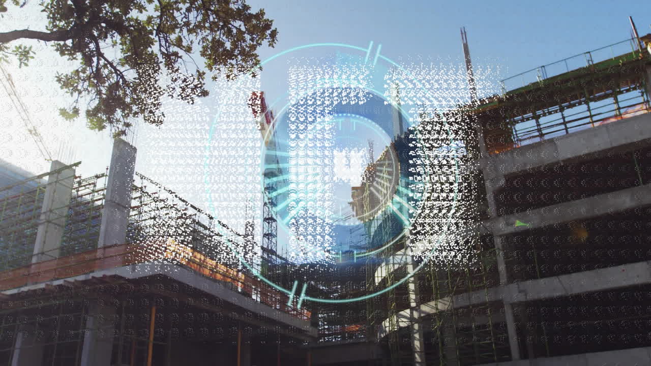 Multi-level concrete frame being visualized in 3D scene, with crane scaffolding and HUD overlay