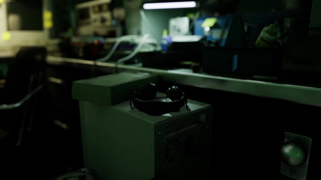 Nighttime maintenance area featuring vintage telephone and industrial ambiance