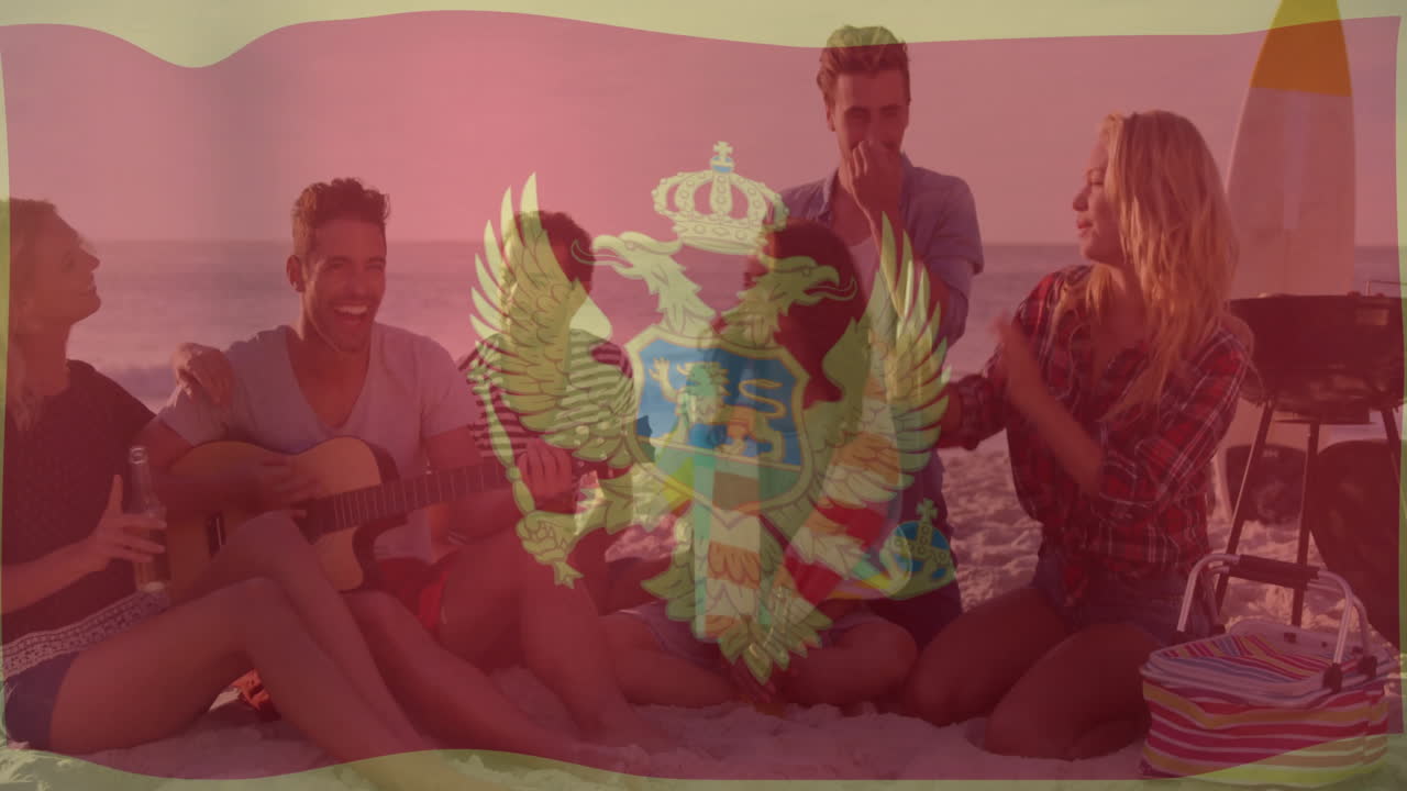 On beach, friends gathering with Montenegro flag animation overlay in background