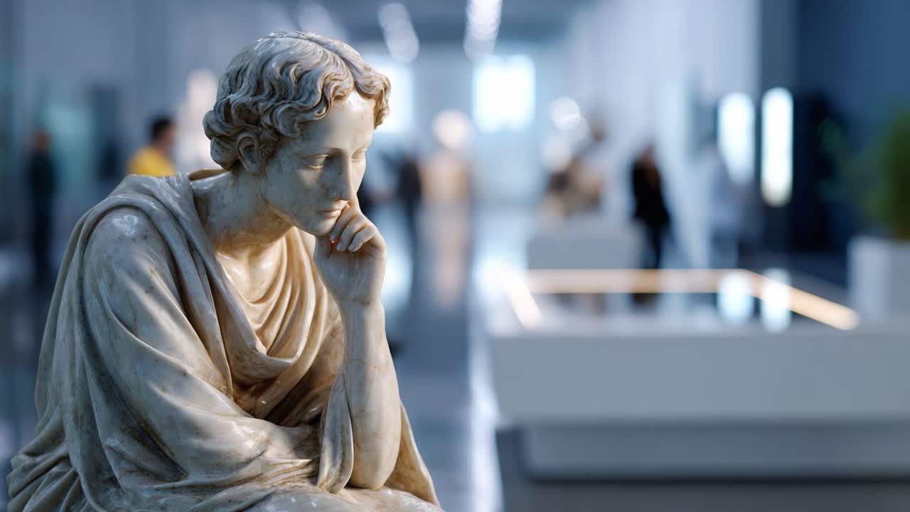 Escultura de mármore contemplativa em um ambiente de galeria de arte moderna, com visitantes envolvidos em exploração e reflexão, que exibe maestria artística e sensibilidade.