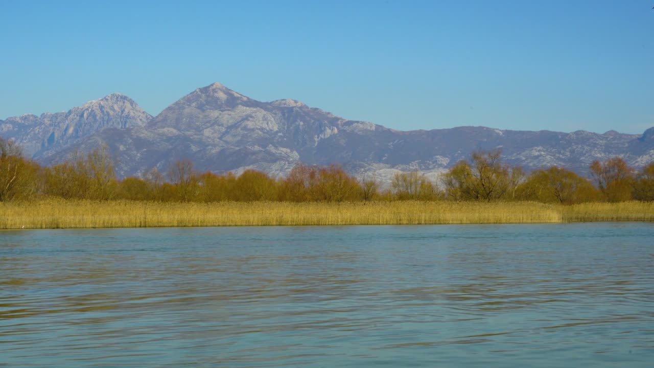 Calm river streaming from Skadar lake through dry yellow reeds with beautiful mountains background under clear blue sky