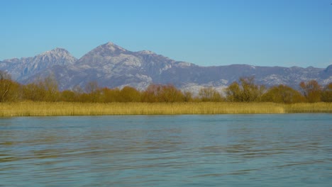 calm river streaming from skadar lake through dry yellow reeds with beautiful mountains background under clear blue sky