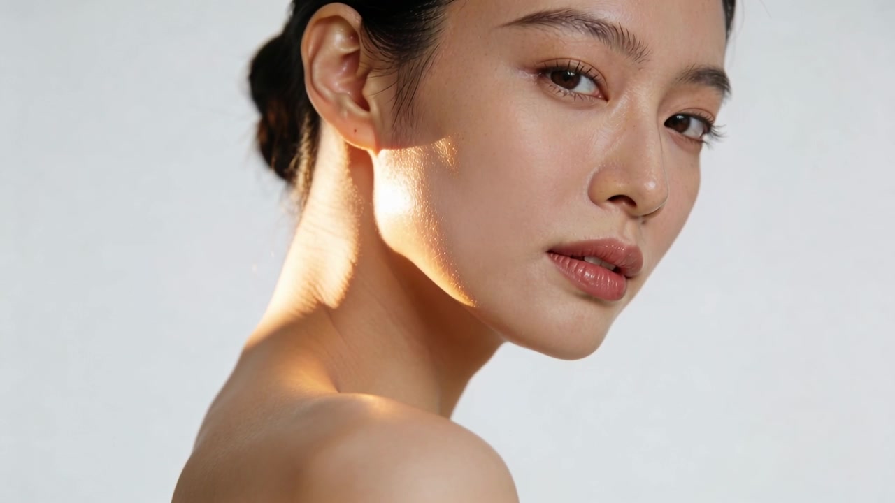 スタジオでカメラに応じる女性モデルが、スタッドピアスと露わな肩を見せながらポーズをとっている。