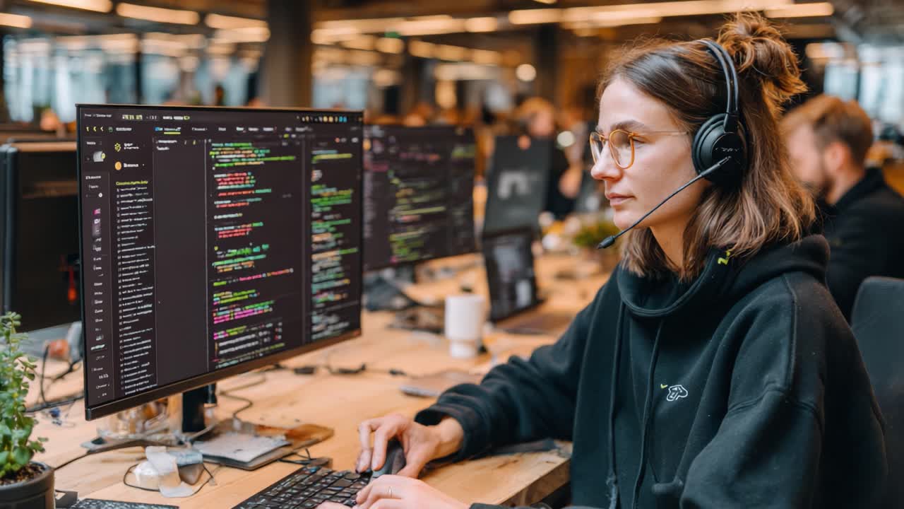 A dedicated programmer focused on coding in a bustling office environment, equipped with advanced software and multitasking to enhance productivity and collaboration