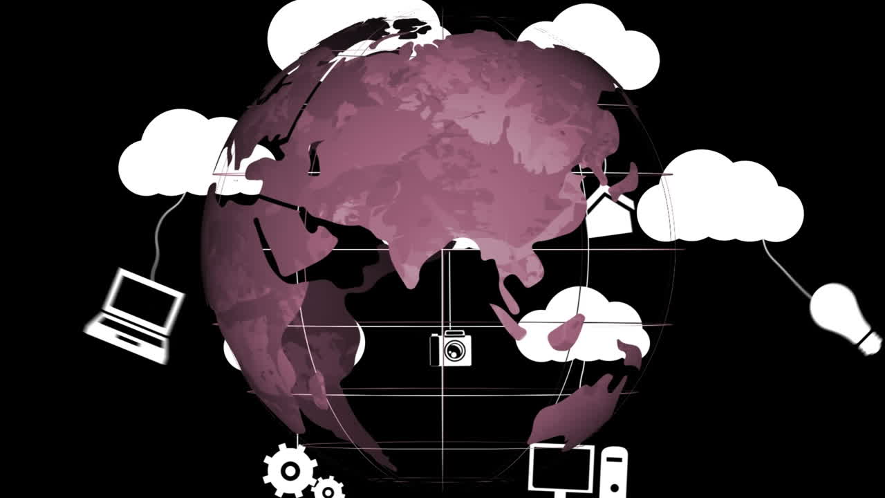 animación de nubes e iconos sobre el globo sobre fondo negro