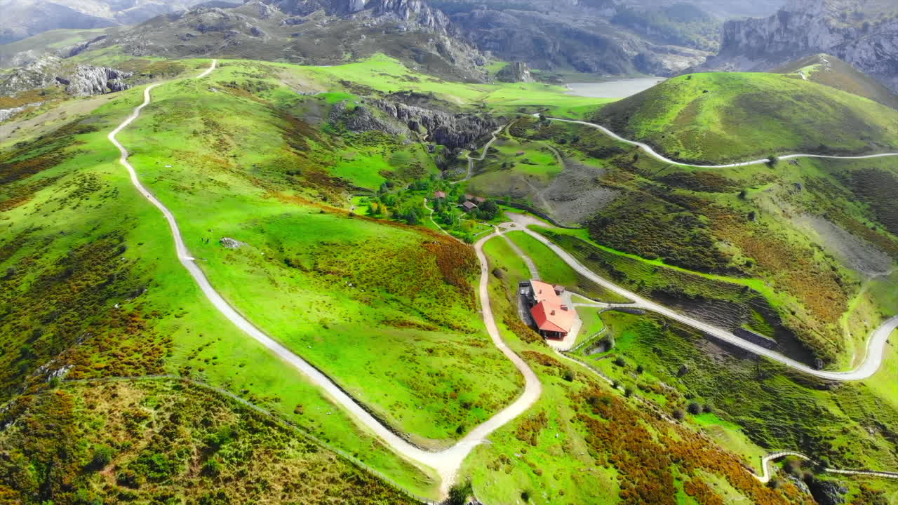 Aerial view of a mountain landscape with a road