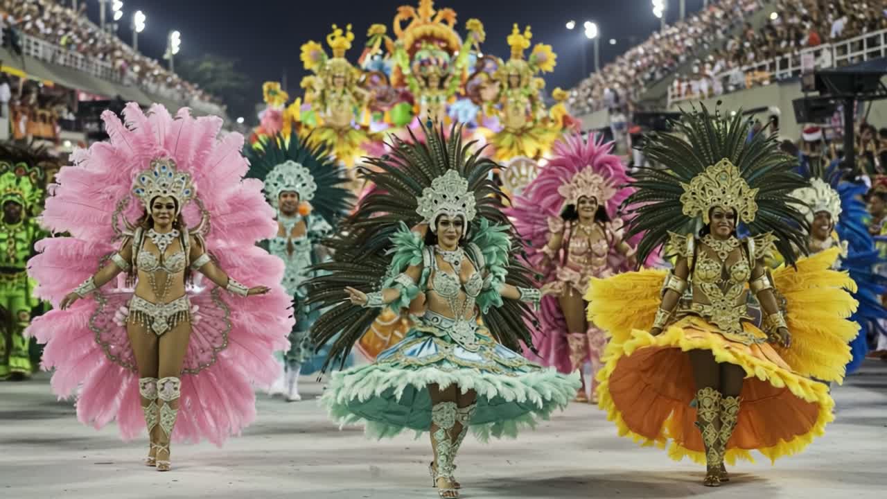 Lễ hội sôi động: Các vũ công trong trang phục lộng lẫy thể hiện năng lượng và màu sắc của một cuộc diễu hành lớn, được bao quanh bởi khán giả trong một lễ kỷ niệm văn hóa