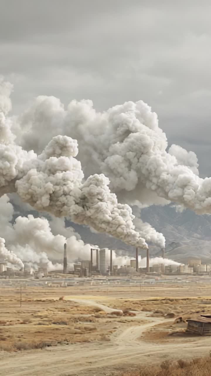 Contaminación industrial: representación evidente del impacto medioambiental con humo ondulante y cielos nubosos sobre un paisaje árido