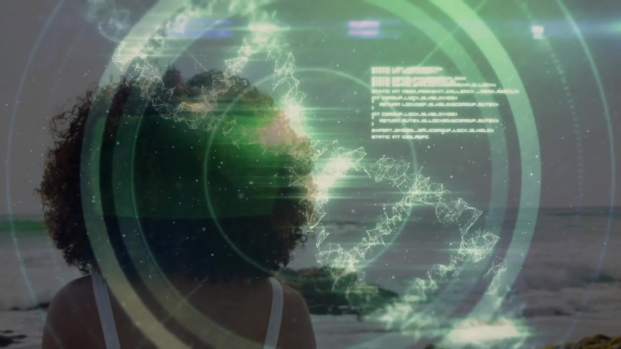 woman standing at rocky beach initiating tech holo rings, analyzing ocean data with helix and code