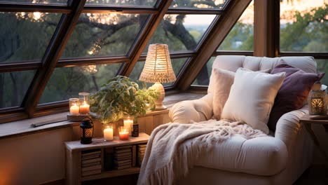 cozy reading nook with candles and greenery at sunset in a glass room