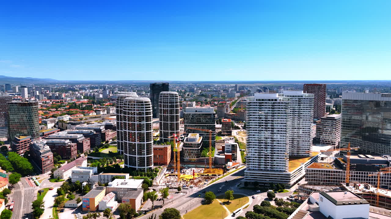 Urban landscape of modern Bratislava, Slovakia. Flight over the city with diverse architecture