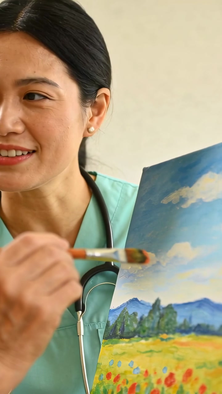Vertical video: Smiling nurse with stethoscope in scrubs adding clouds on canvas with brush in room