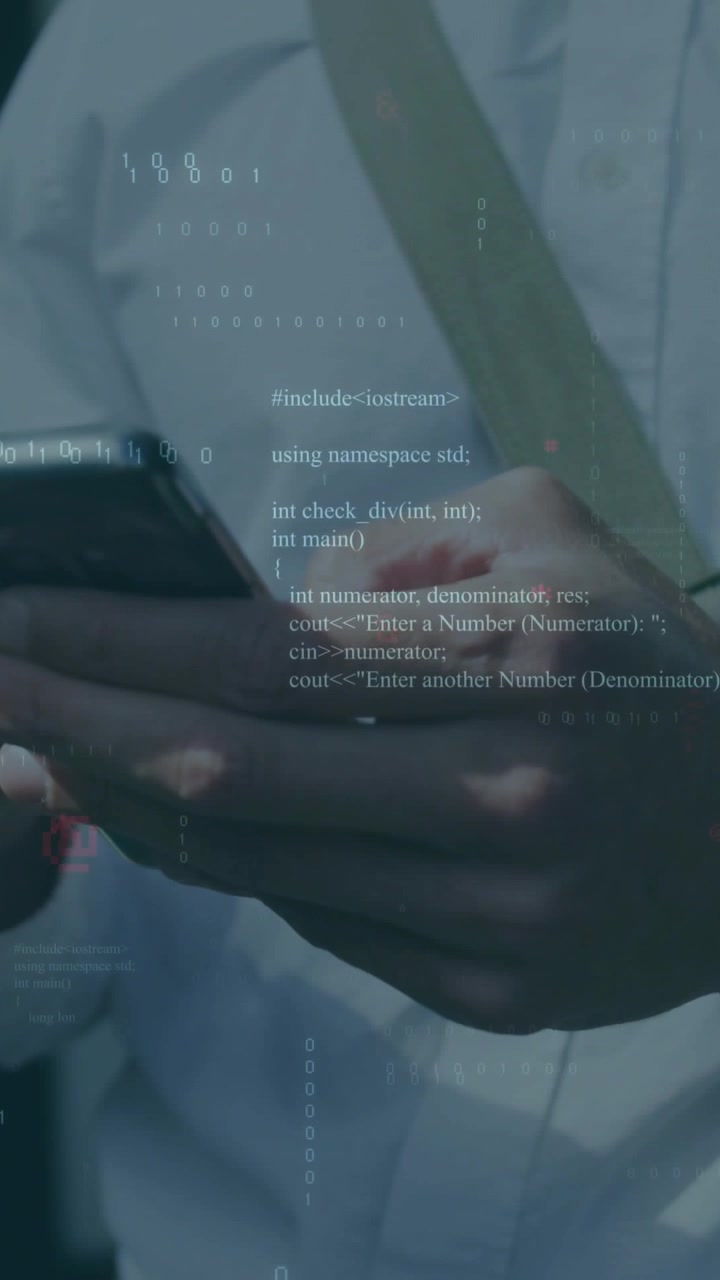 Vertical video: Developer tapping phone, initiating tech overlay layering over phone during commute