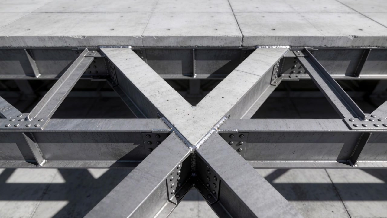 Showing metal X brace receiving steady sunlight beneath concrete deck, revealing bolted plates