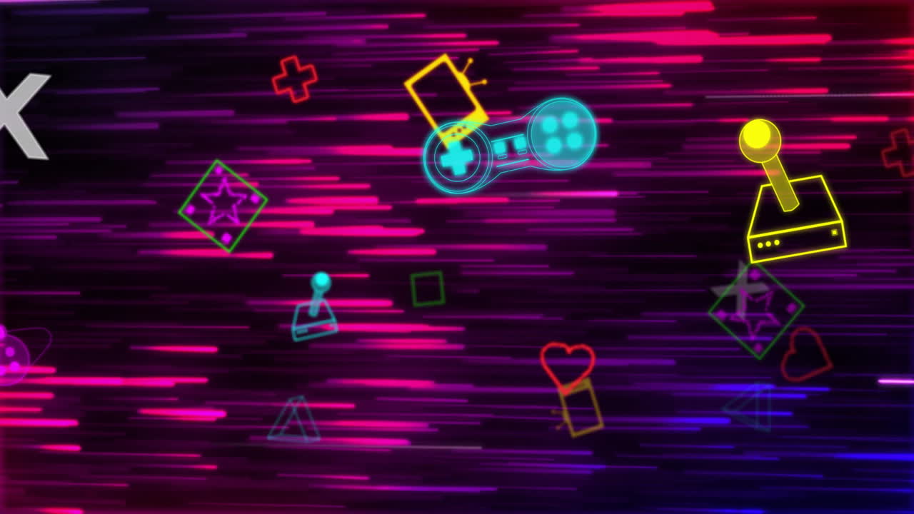 Animación de iconos de videojuegos de neón sobre un fondo negro