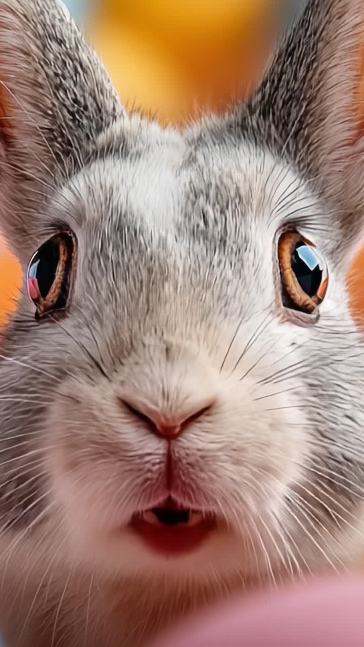 Primo piano di un coniglio curioso grigio e bianco con occhi espressivi, che cattura l'intrigo e la giocosità di questo adorabile animale in un ambiente vivace