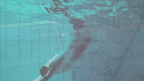 animation of statistics and data processing over caucasian man underwater jumping in pool