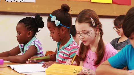 Animación-De-Ecuaciones-Matemáticas-Sobre-Diversos-Grupos-De-Niños-Que-Estudian-En-La-Clase-De-La-Escuela