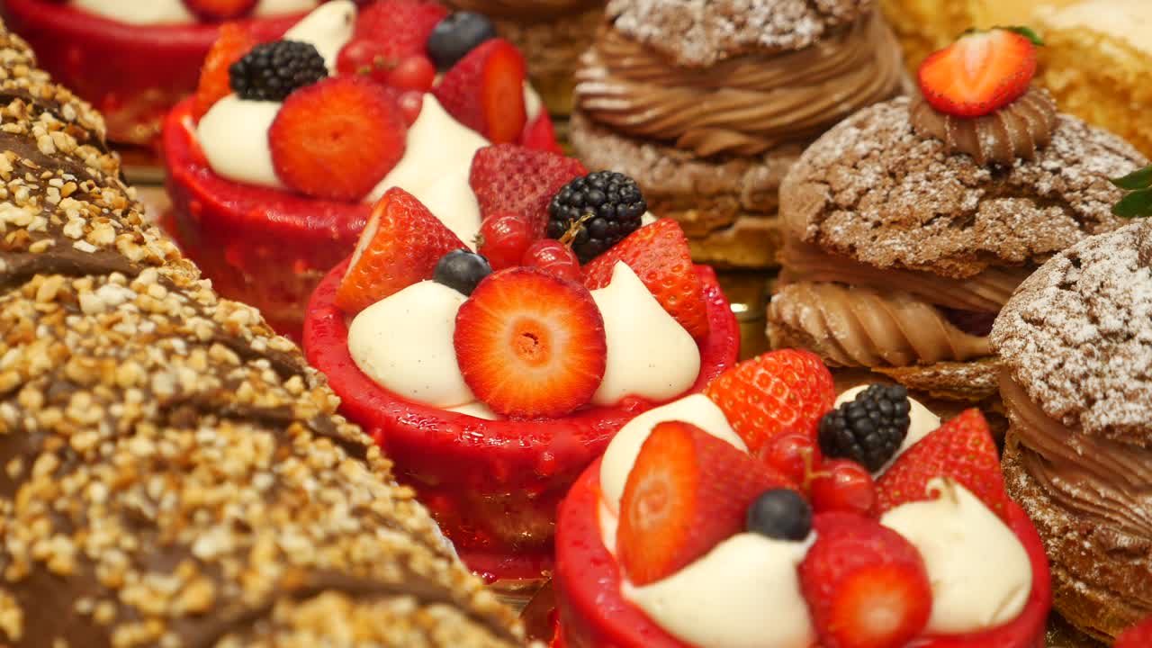 Delicious pastries with fresh fruit and whipped cream