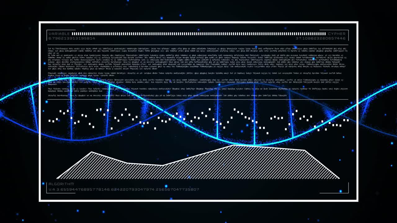 Animation of dna helix over display screen with computer language, graphs and numbers