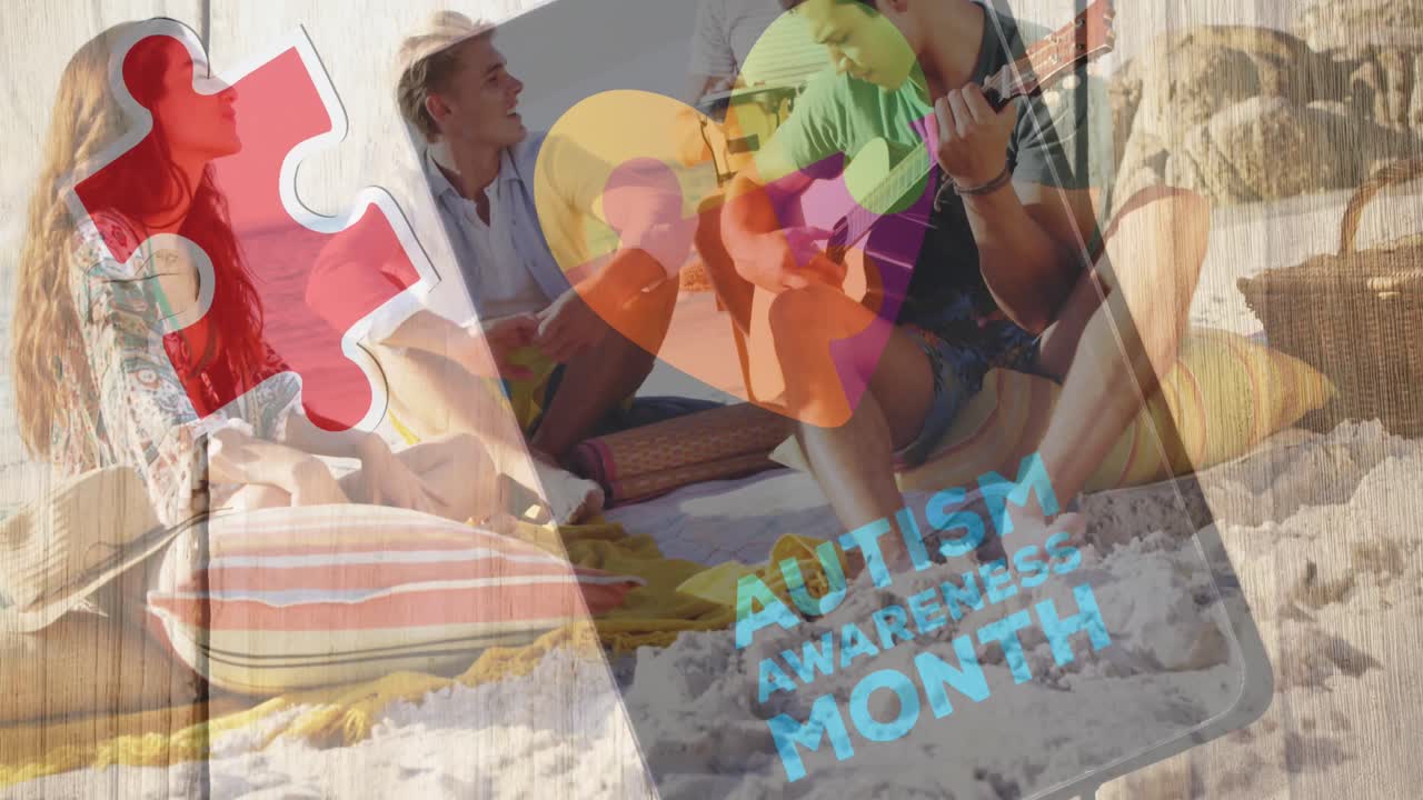 다채로운 퍼즐 조각의 애니메이션 심장과 자폐증 텍스트 여름 해변 파티에서 행복한 친구들