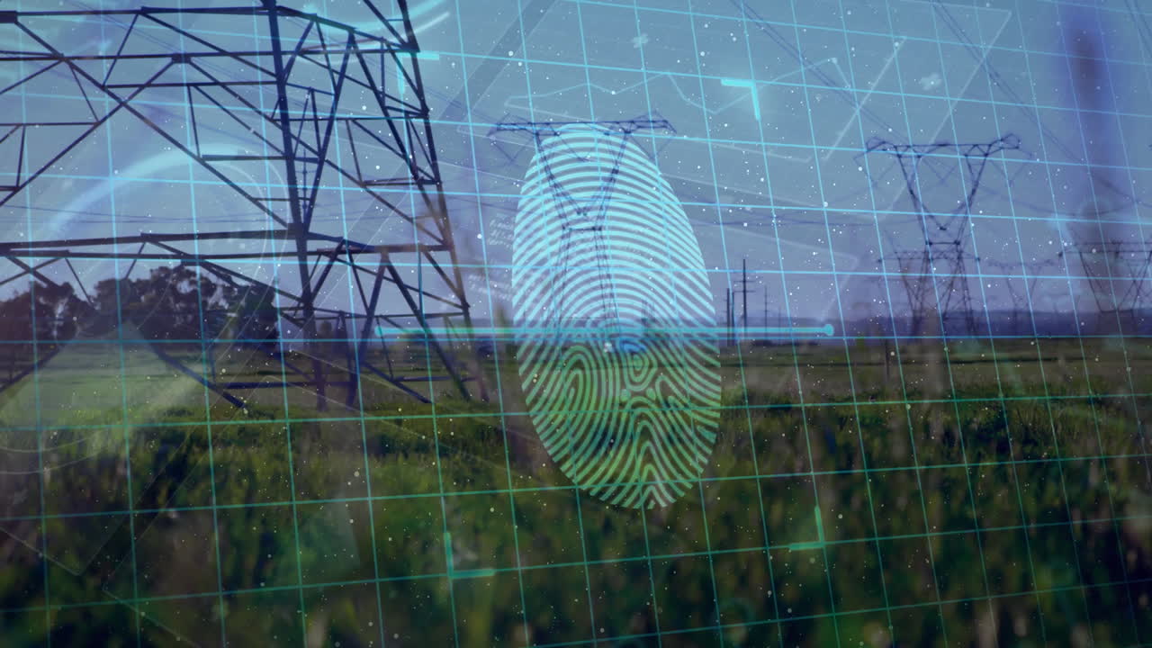 Animation of financial data processing over electric pylons in countryside