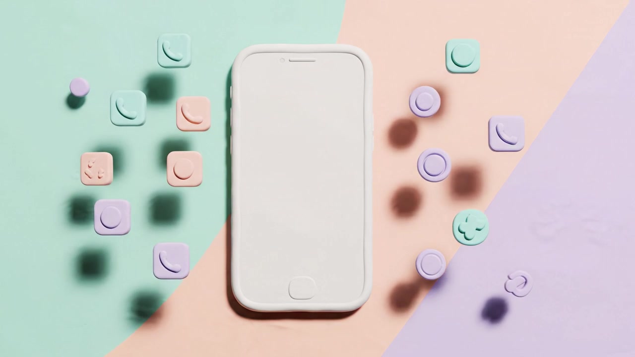 Uno smartphone minimalista giace su uno sfondo color pastello, circondato da caramelle giocose e colorate a forma di lettera in una disposizione artistica.
