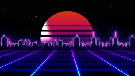 paisaje urbano retro futurista al atardecer
